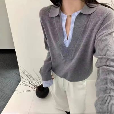 Korean style minimalist V-neck striped knit top for women