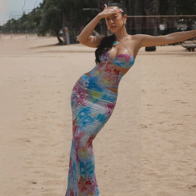 Women's Sexy Hot Girl Cut Out Sleeveless Contrasting Printed Tube Top Waist-Covering Hip Long Skirt