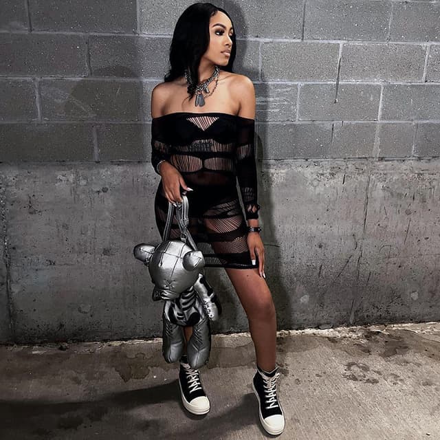 Nightclub Fashion One-Shoulder Long-Sleeved Mesh Sexy Slim Hip-Hugging Dress