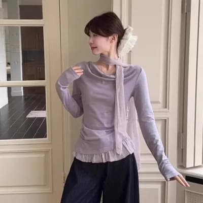 New Korean Style Sweet and Youthful Lace-Trimmed Faux Two-Piece Top for Women