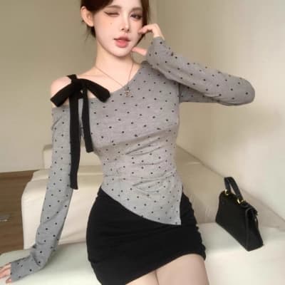 Polka dot off-shoulder long-sleeved t-shirt for women.