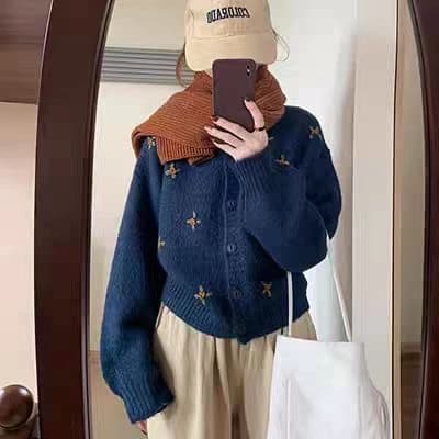 French-style navy blue loose-fitting embroidered cardigan for women
