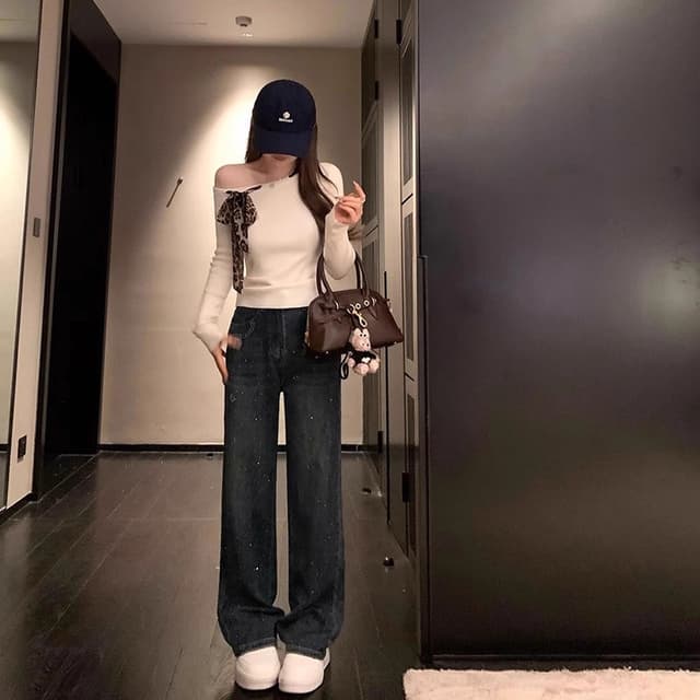 Design sense old flower hot diamond high waist jeans