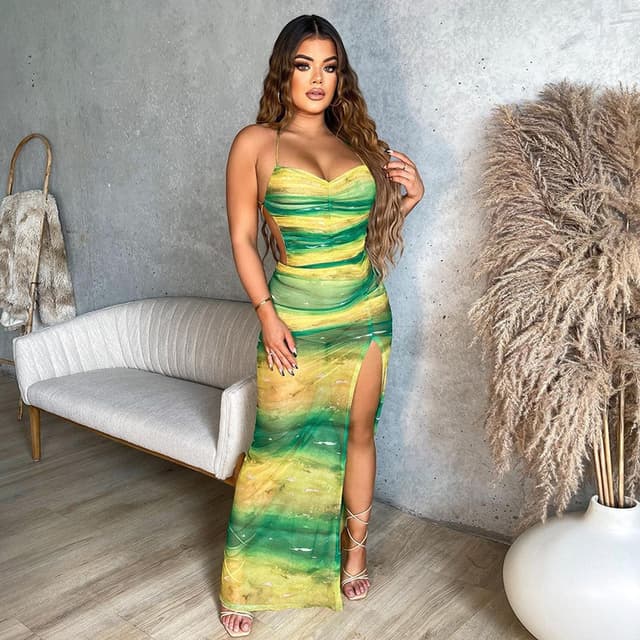 New women's sexy hot girl lace-up backless high split sexy dress