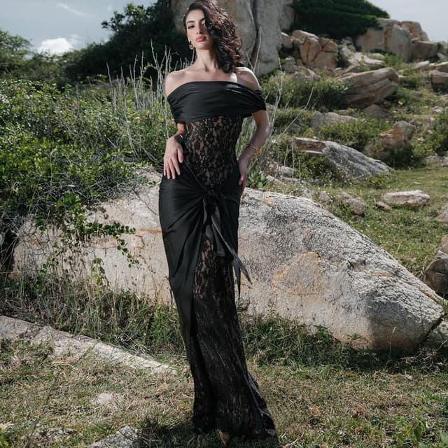 New women's clothing patchwork lace sexy off-shoulder long slim dress